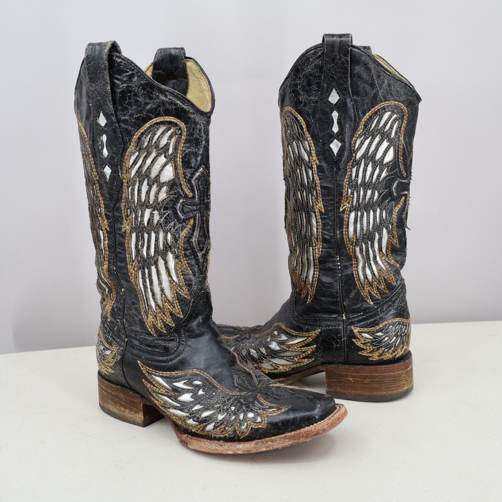 Corral Cowboy Boots Womens 6.5 Black Wing Cross Distressed Leather Boho Festival